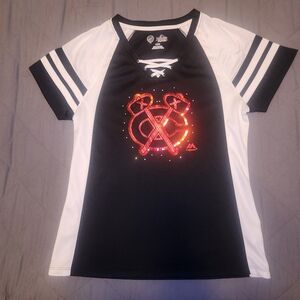 Majestic Chicago Blackhawks Black And Red Sequined Jersey Shirt Women Size Large